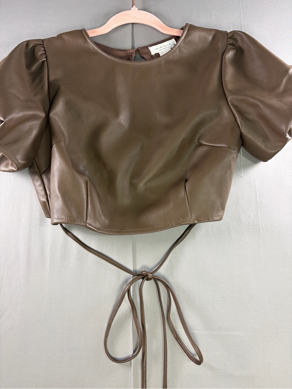 Faux Leather Brown Puff-Sleeve Tie-Back Crop Top